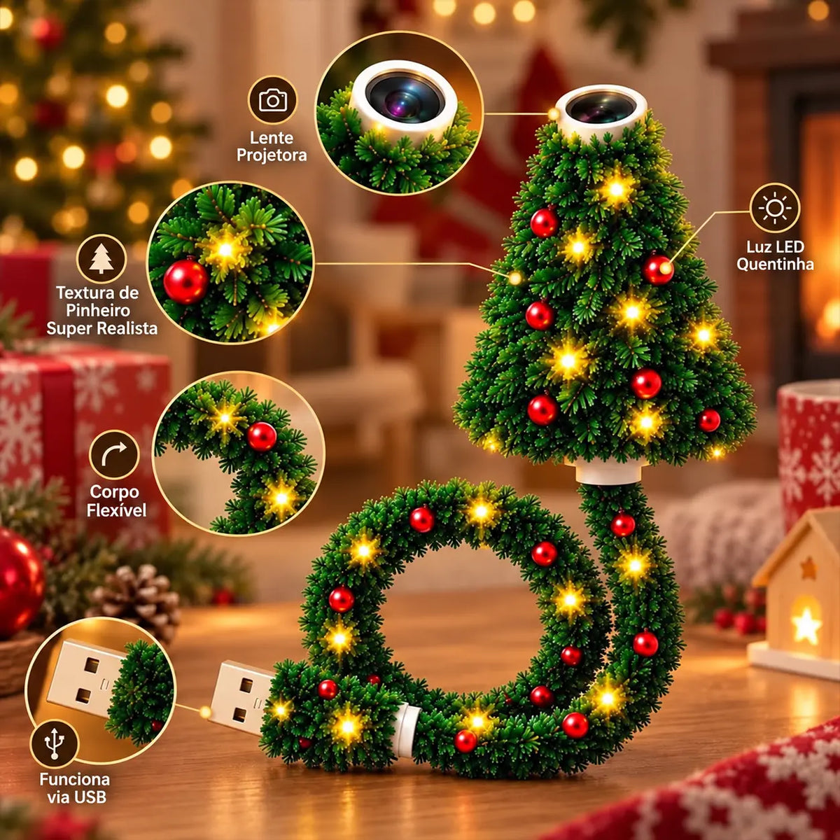 Mini Árvore de Natal com Luz LED - Projeta Papai Noel, Renas, Estrelas e Flocos de Neve!
